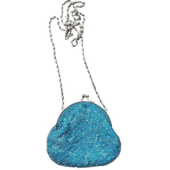 Caché Blue Beaded Evening Bag with Silver Chain - Picture 1 of 4